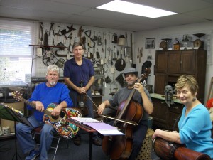 The Texas Porch Lizards play at the WSH Museum. L to R Gary Augustine, Rafael Cordova, Barbara Arabian and standing Mike Sonntag